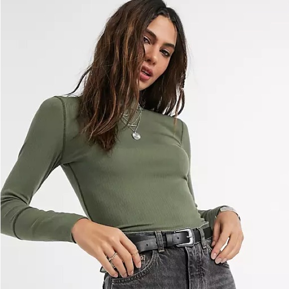 Intimately Free People The Rickie top army green long sleeve ribbed mock neck - Picture 2 of 8